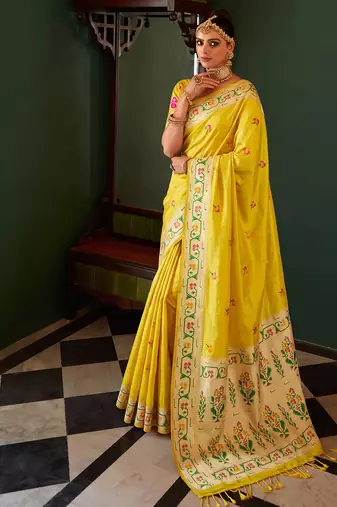 yellow color silk blend woven jacquard designer ethnic traditional saree