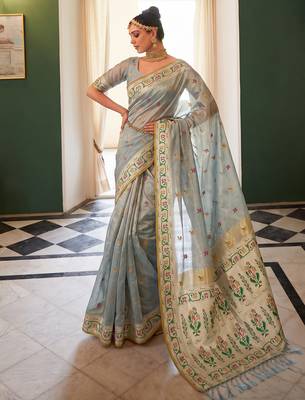 grey color silk blend woven jacquard designer ethnic traditional saree 1