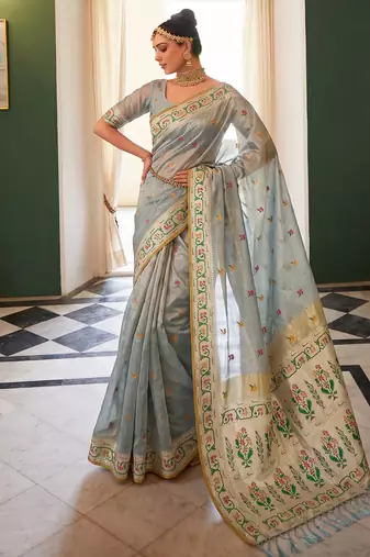 grey color silk blend woven jacquard designer ethnic traditional saree