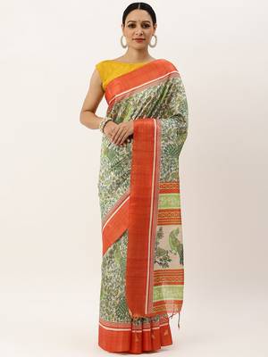 Red & Gold-Toned Ethnic Motifs Jute Silk Tussar Saree 1
