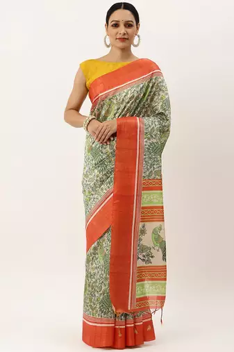 Red & Gold-Toned Ethnic Motifs Jute Silk Tussar Saree