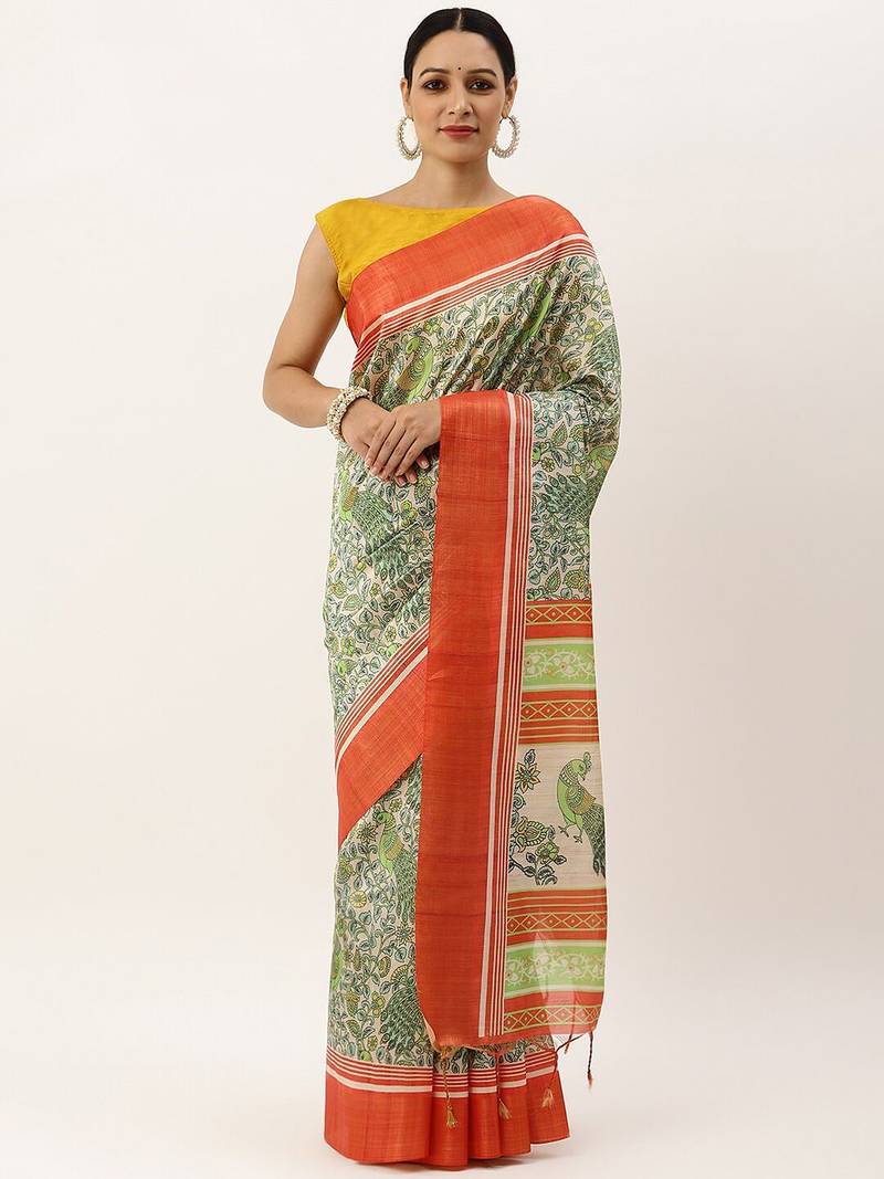 Red & Gold-Toned Ethnic Motifs Jute Silk Tussar Saree