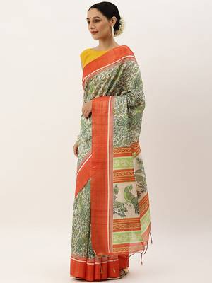 Red & Gold-Toned Ethnic Motifs Jute Silk Tussar Saree 2