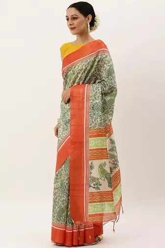Red & Gold-Toned Ethnic Motifs Jute Silk Tussar Saree