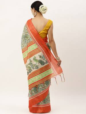 Red & Gold-Toned Ethnic Motifs Jute Silk Tussar Saree 3
