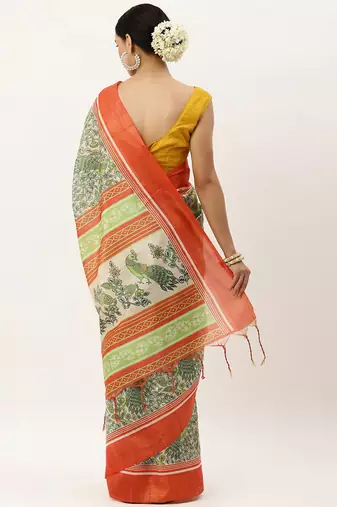 Red & Gold-Toned Ethnic Motifs Jute Silk Tussar Saree