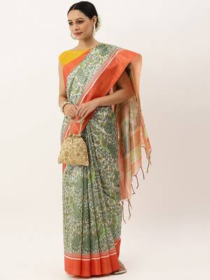 Red & Gold-Toned Ethnic Motifs Jute Silk Tussar Saree 4