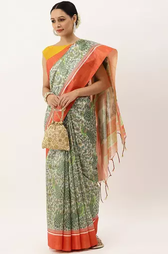 Red & Gold-Toned Ethnic Motifs Jute Silk Tussar Saree