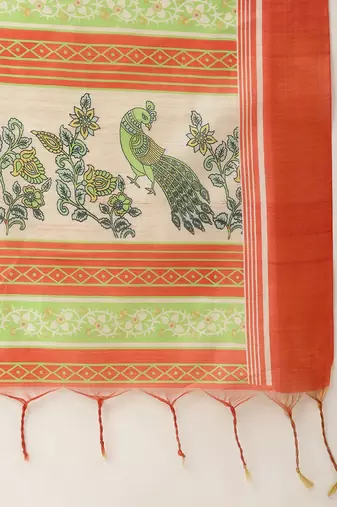 Red & Gold-Toned Ethnic Motifs Jute Silk Tussar Saree