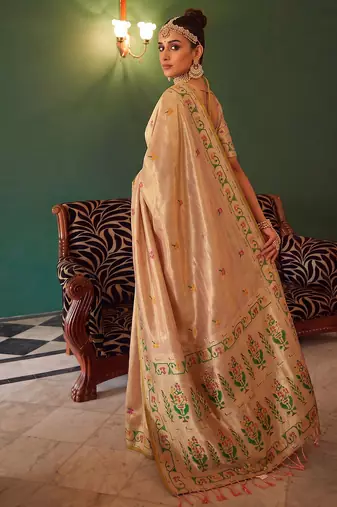 peach color silk blend woven jacquard designer ethnic traditional saree