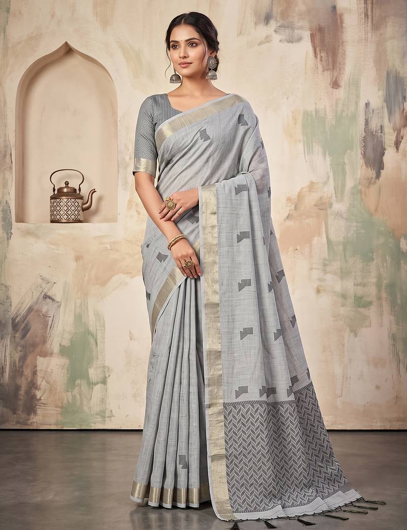 grey color cotton blend woven resham designer fancy festive saree