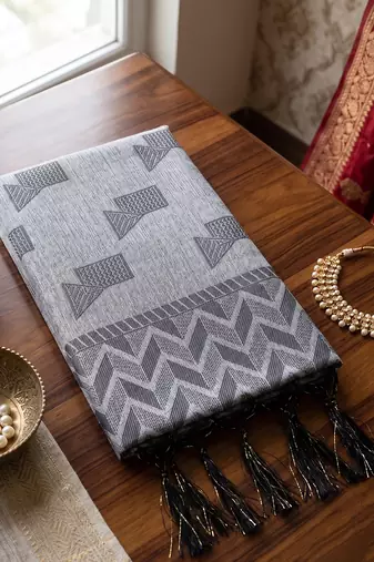 grey color cotton blend woven resham designer fancy festive saree