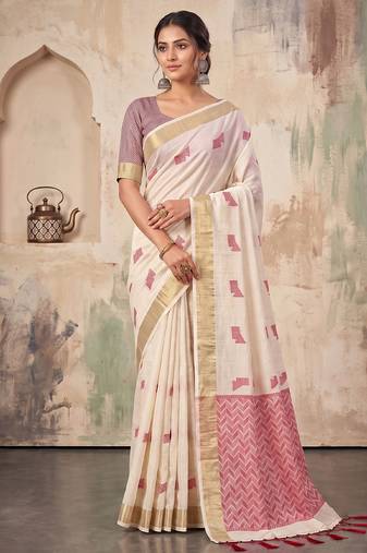 cream color cotton blend woven resham designer fancy festive saree