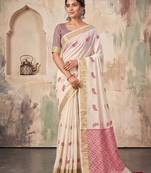 cream color cotton blend woven resham designer fancy festive saree
