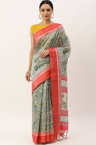 Pink & Green Kalamkari Jute Silk Tussar Saree
