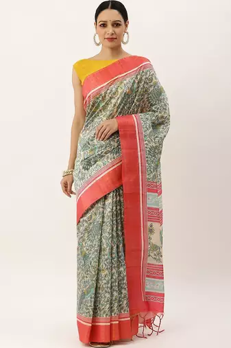 Pink & Green Kalamkari Jute Silk Tussar Saree