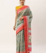 Pink & Green Kalamkari Jute Silk Tussar Saree