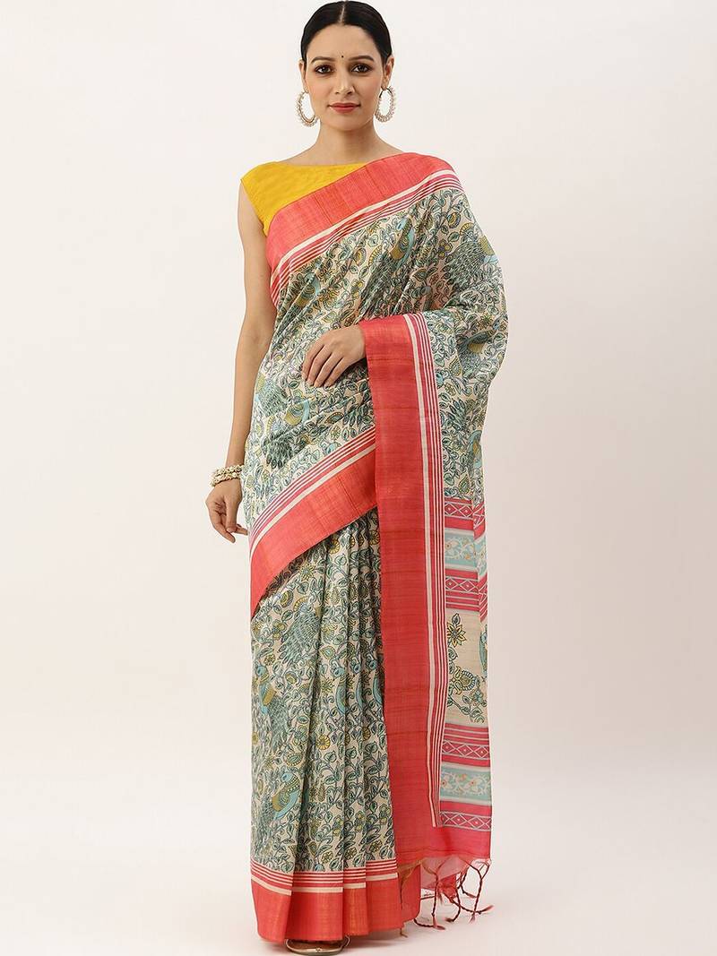 Pink & Green Kalamkari Jute Silk Tussar Saree