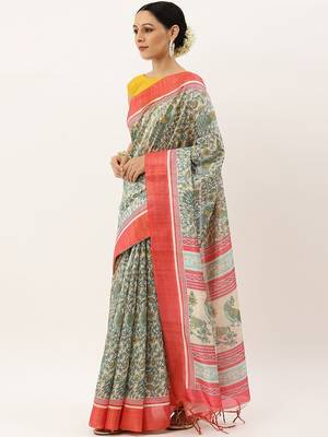 Pink & Green Kalamkari Jute Silk Tussar Saree 2