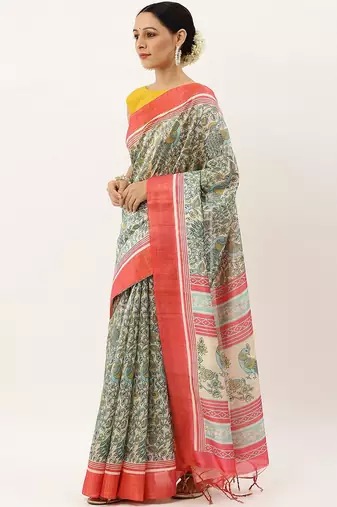 Pink & Green Kalamkari Jute Silk Tussar Saree