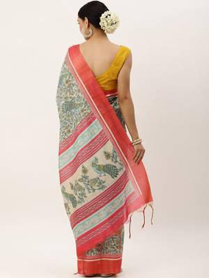 Pink & Green Kalamkari Jute Silk Tussar Saree 3