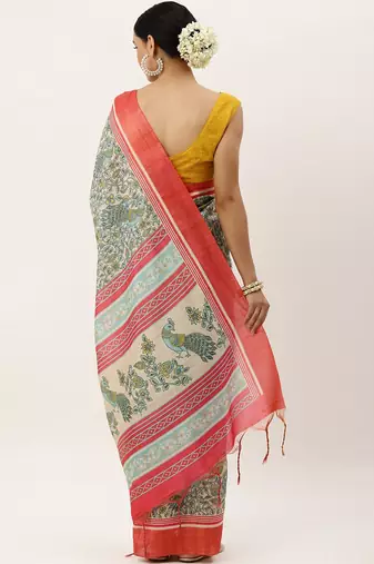 Pink & Green Kalamkari Jute Silk Tussar Saree