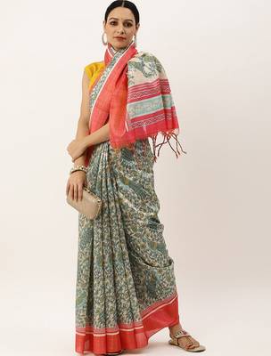 Pink & Green Kalamkari Jute Silk Tussar Saree 4