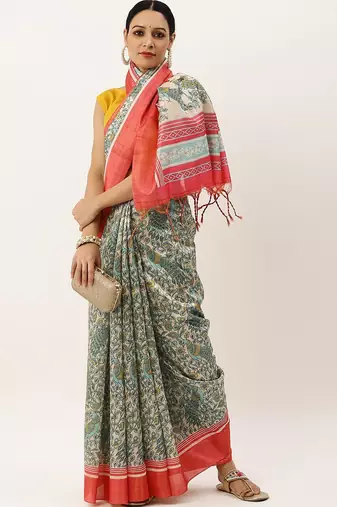 Pink & Green Kalamkari Jute Silk Tussar Saree