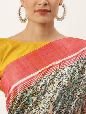 Pink & Green Kalamkari Jute Silk Tussar Saree 5