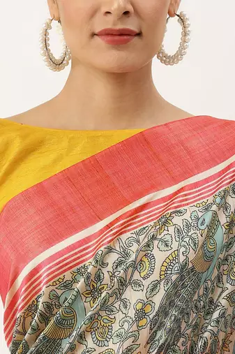 Pink & Green Kalamkari Jute Silk Tussar Saree