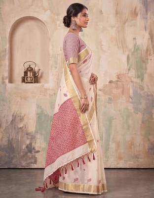 cream color cotton blend woven resham designer fancy festive saree 3