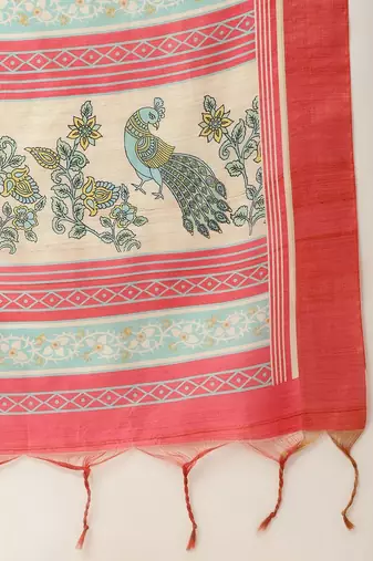 Pink & Green Kalamkari Jute Silk Tussar Saree