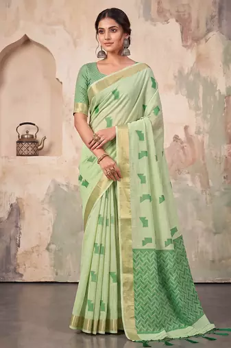 green color cotton blend woven resham designer fancy festive saree