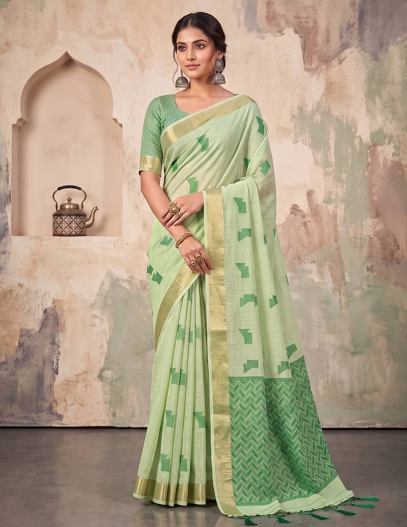 green color cotton blend woven resham designer fancy festive saree