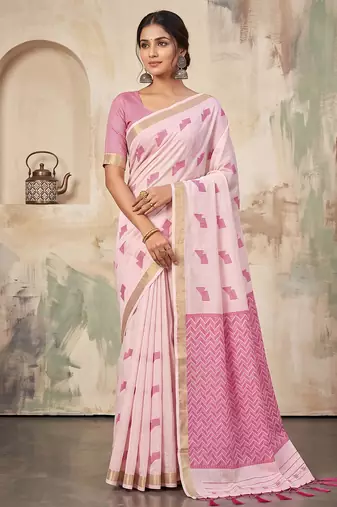 pink color cotton blend woven resham designer fancy festive saree