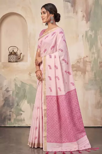 pink color cotton blend woven resham designer fancy festive saree