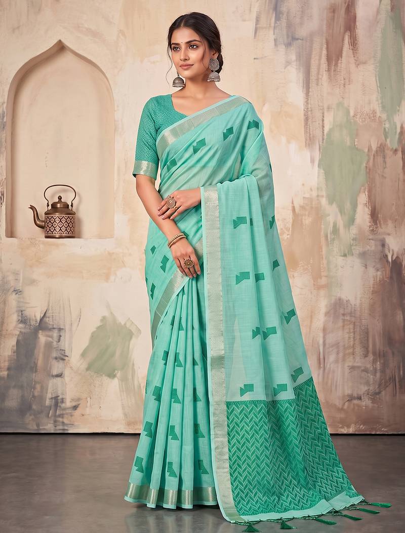 teal green color cotton blend woven resham designer fancy festive saree