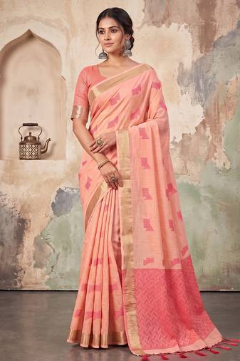 peach color cotton blend woven resham designer fancy festive saree