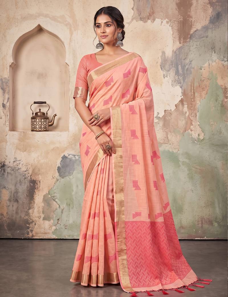 peach color cotton blend woven resham designer fancy festive saree