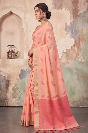 peach color cotton blend woven resham designer fancy festive saree