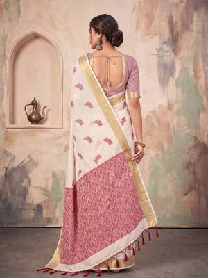 white color cotton blend woven resham designer fancy festive saree 2