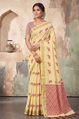yellow color cotton blend woven resham designer fancy festive saree