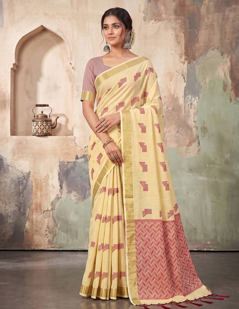 yellow color cotton blend woven resham designer fancy festive saree