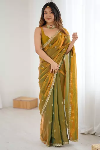 gold color silk blend  bollywood style glamorous ceremonial saree