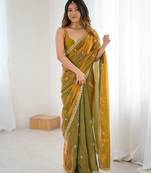 gold color silk blend  bollywood style glamorous ceremonial saree