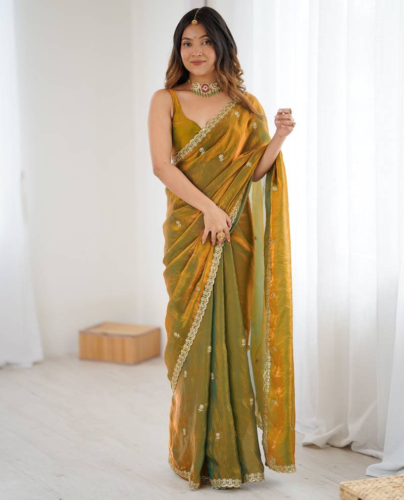 gold color silk blend  bollywood style glamorous ceremonial saree