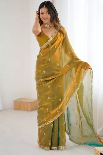gold color silk blend  bollywood style glamorous ceremonial saree