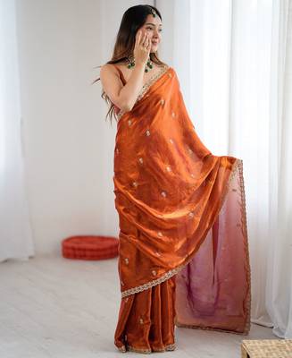 orange color silk blend  bollywood style glamorous ceremonial saree 4
