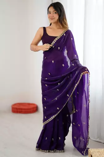 purple color silk blend  bollywood style glamorous ceremonial saree