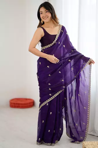purple color silk blend  bollywood style glamorous ceremonial saree